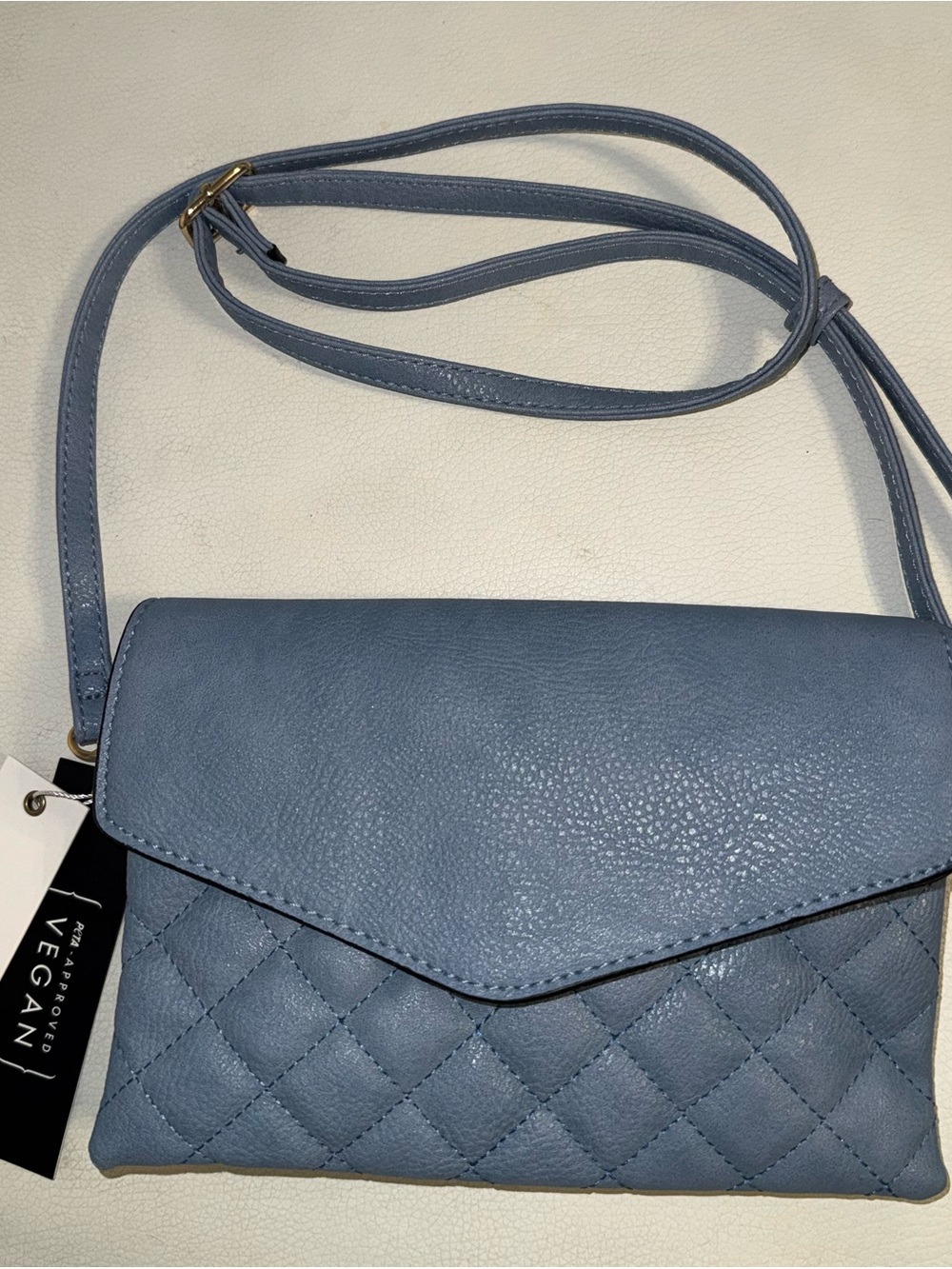 Vegan Quilted Crossbody Bag in Dusty Blue
